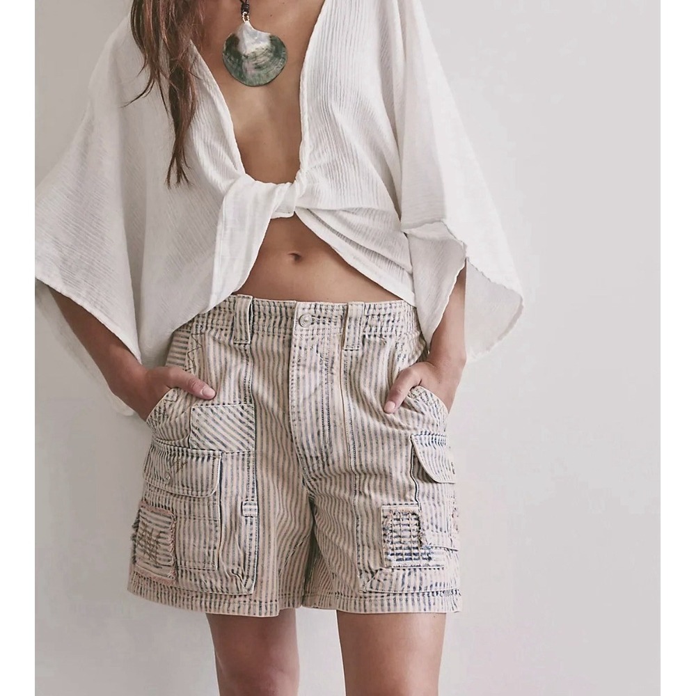 Free People We The Free Day Dreamer Railroad Cargo Shorts Striped 100% Cotton 26